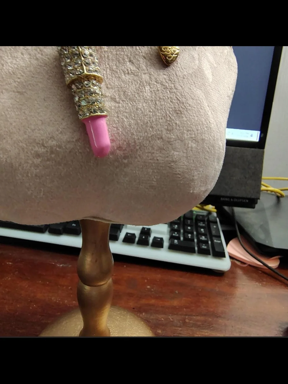 Betsey Johnson Gold Crystal Lipstick Necklace with Pink Tip